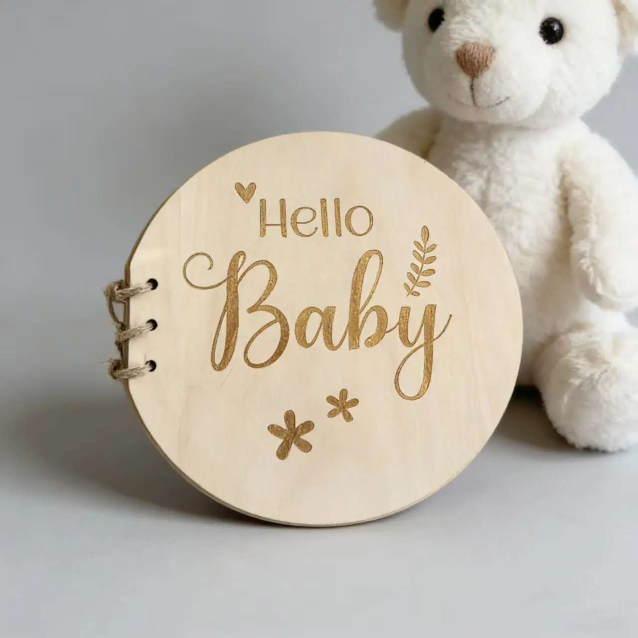 Hello Baby Round Wooden Baby Shower Book, Laser Engraved Natural Wood Newborn Guest Book, Rustic Circular Sign Notebook For Gender Reveal Maternity Photography