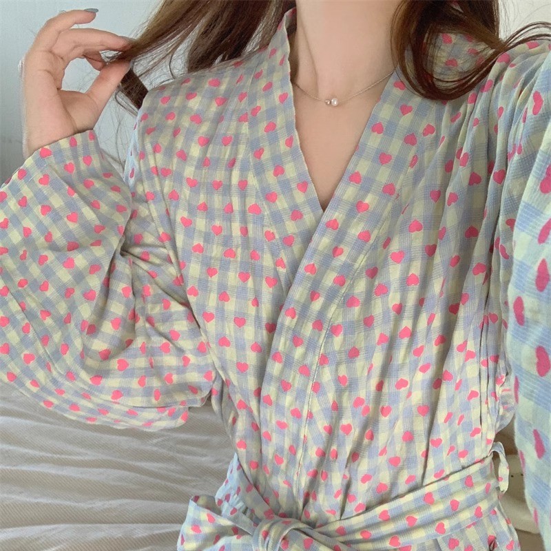 Sweetheart Checked Pajama Robe Spring Autumn New Style, Loose Fitting, Comfortable Mid Length Loungewear For Home