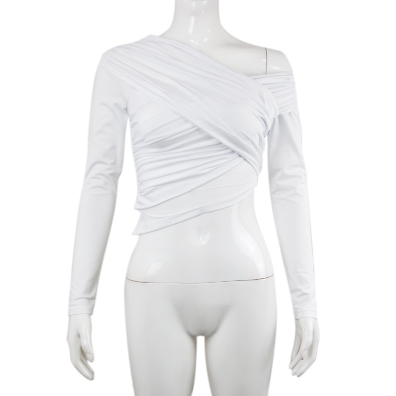 European And American Long-sleeved Top With Diagonal Pleats