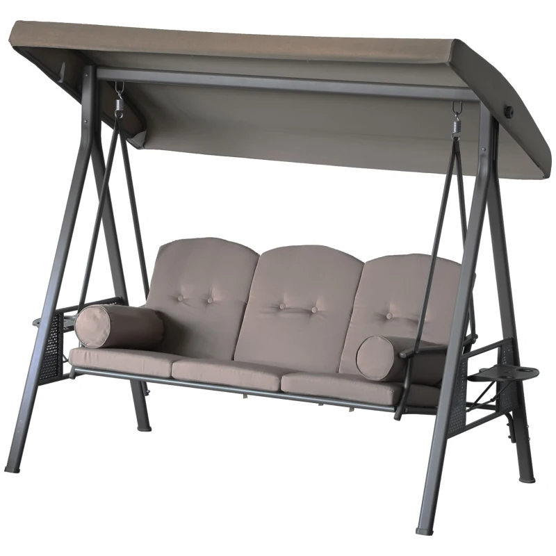 3-Seat Patio Swing Chair, Outdoor Porch Swing Glider With Adjustable Canopy, Removable Cushion, Pillows And Side Trays, For Garden, Poolside, Backyard, Brown