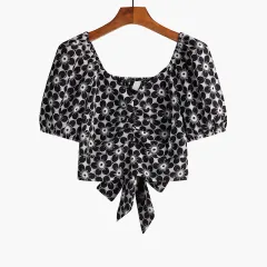Women's Short Sleeve Thin Floral Puff Shirt - Black - View 1