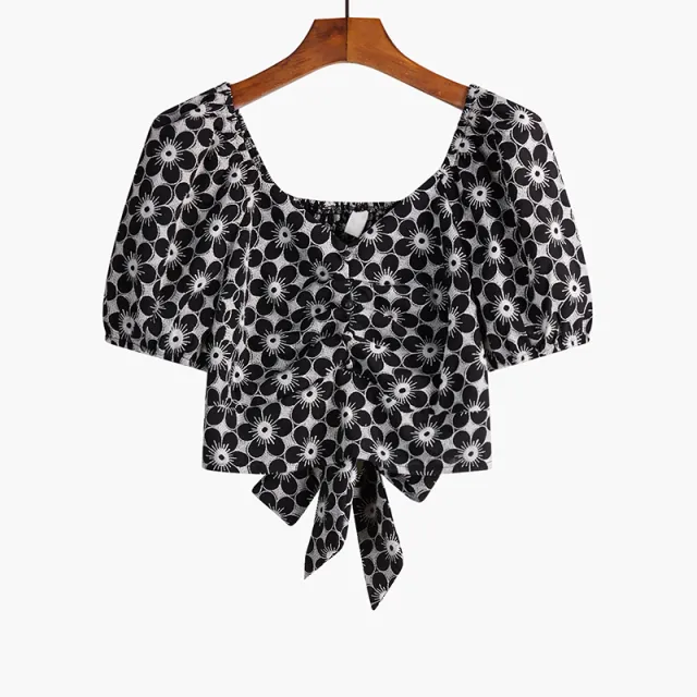 Women's Short Sleeve Thin Floral Puff Shirt Black - Shop at LoveMi