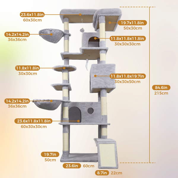 84.6 In Light Gray Cat Tree Tower With Wide Base, 3 Large Hinding Condo, 11 Sisal Scratching Post, Sisal Scratching Ladder, 2 Hammocks, Large Top Platform, Many Landing Perch And Interactive 
