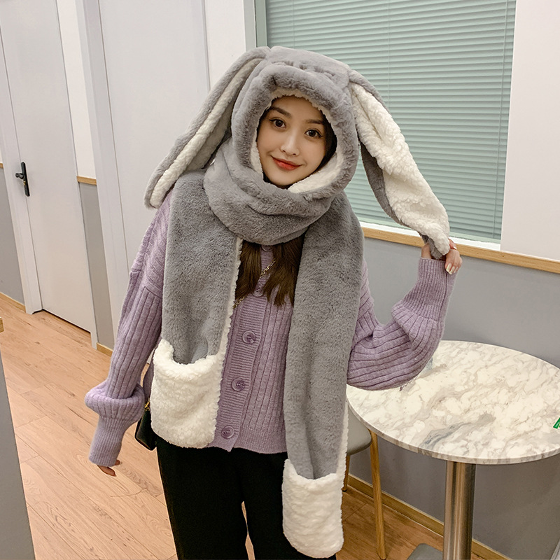 Women's Fashion Cute Rabbit Ears Plush Hat Scarf Gloves One Three Pieces Set