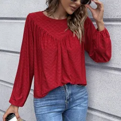 European And American Women's Clothing Solid Color Pleated Tops Baby Shirts - Red - View 1