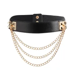 Punk Gold Rivet Chain Women's Belt Women's Elastic Stretch Wide Waist Corded Waist Black Slim Belt - Black - View 1