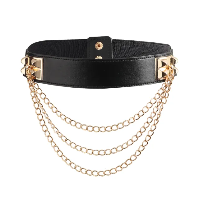 Punk Gold Rivet Chain Women's Belt Women's Elastic Stretch Wide Waist Corded Waist Black Slim Belt Black - Shop at LoveMi