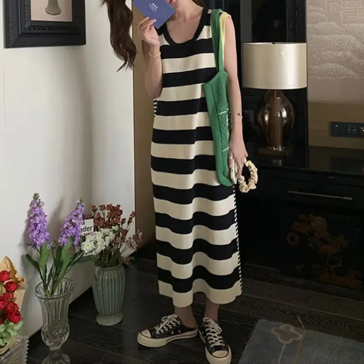 Korean Style Idle Style Black And White Striped Vest Dress
