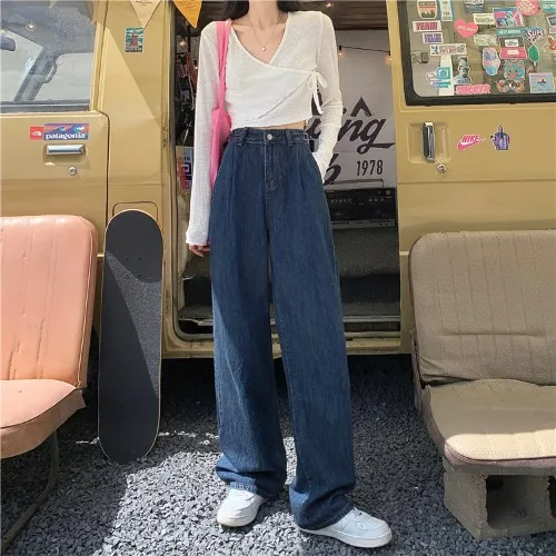 Wide leg Straight leg Mopping Denim Trousers Blue - Shop at LoveMi