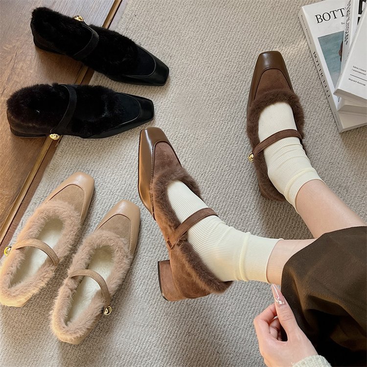 French Hairy Leather Shoes For Women, French Thick Heels, High Heels, Mary Jane Single Shoes