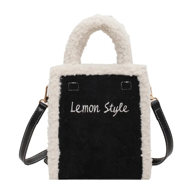 Cute Lamb Fleece Handbag Messenger Bag Letter - Black