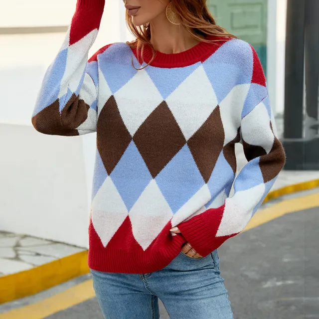 Contrasting Color Diamond European And American Sweater Girl Red - Shop at LoveMi