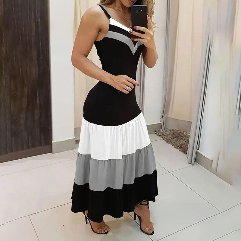 Women's Summer Casual Sleeveless V Neck Color Block Spaghetti Strap Maxi Long Dr - Picture 8 of 10
