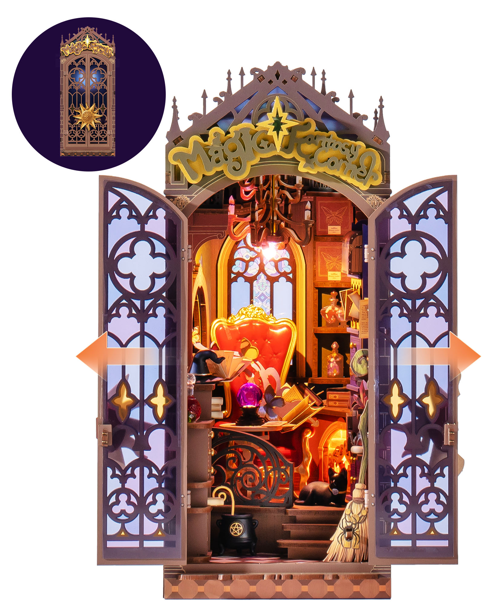Rolife Magical Fantasy Corner Bookend DIY Set - 3D Wooden Miniature House, 3D Puzzle With Interactive LED Lights, 185 Pieces, Teen & Adult Bookshelf Decoration Gift
