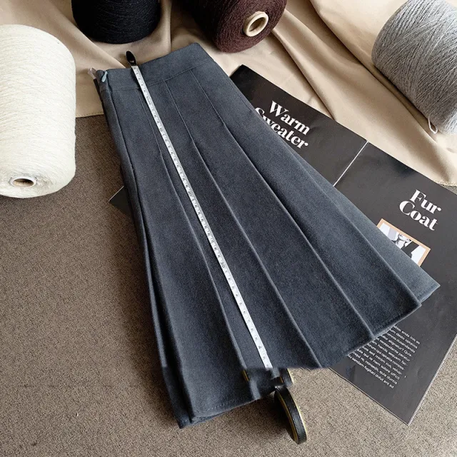 Pleated Women's Skirt New Wool Cloth Thickened High Waist Grey Blue 7Cm Longer - Shop at LoveMi