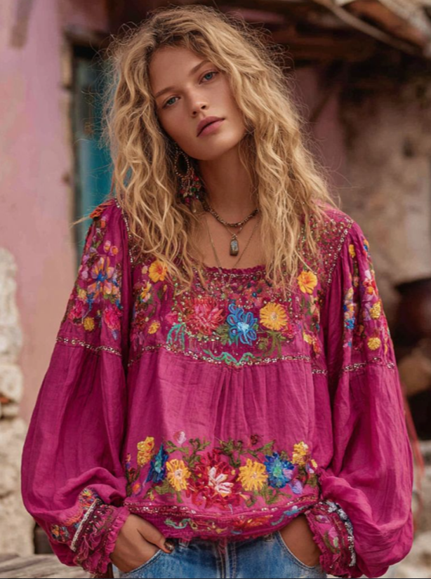 Square-neck Loose Lantern-sleeve Cotton And Linen Top