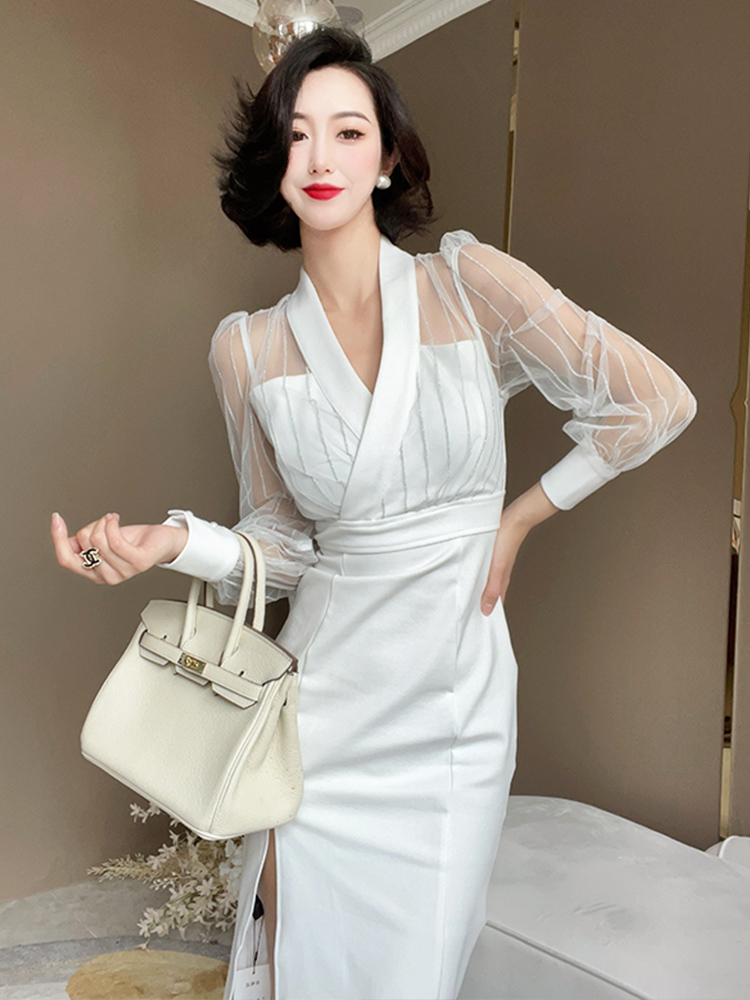 Mesh V-Neck Bodycon Dress, picture 2 of 7