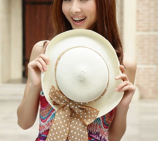 Women's Beach Hat Flat Top Cover Roller Ribbon Dome Hat