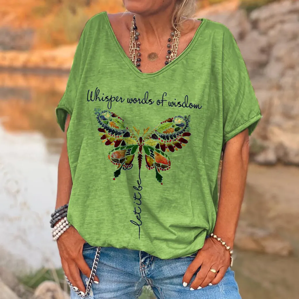 Ladies English Butterfly Print T-Shirt Loose - Green