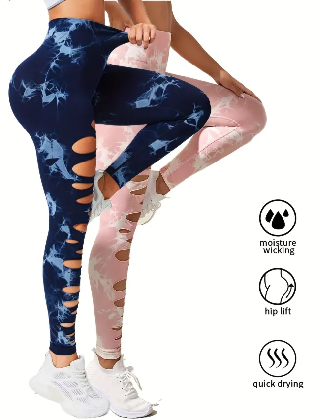 2 Pack Hollow Sexy High Elastic Women's Tie Dye Cutout Tights High Waist Workout Yoga Leggings, Scrunch Butt Lifting Elastic Pants, Tummy Control B... 2Pack9 - Shop at LoveMi