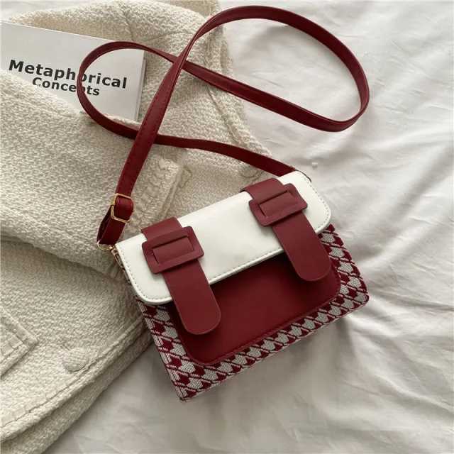 Korean Style Fashion Simple Casual Plaid One shoulder Messenger Small Square Bag Red - Shop at LoveMi