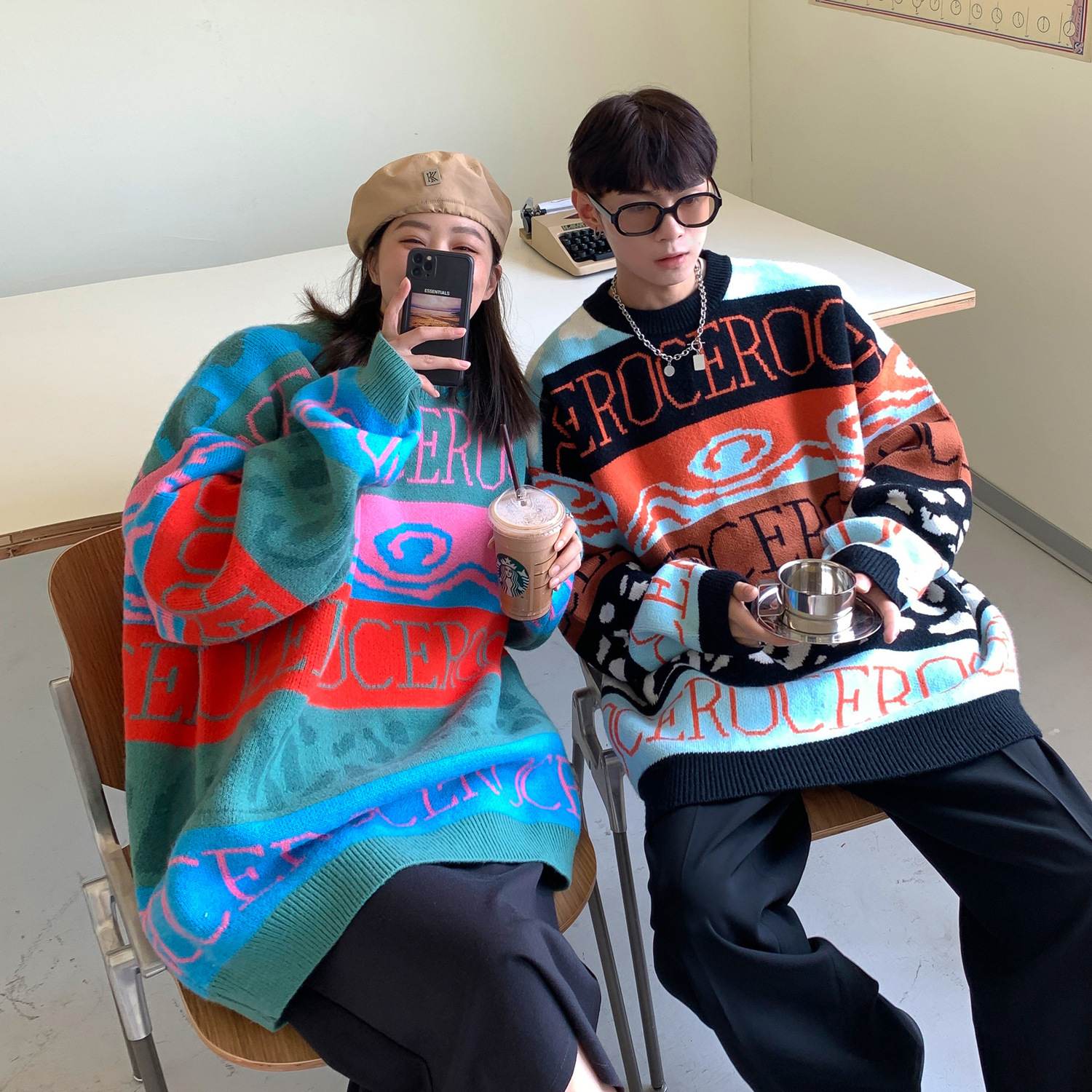 Men's And Women's Personalized Colorful Letters Floral Sweater