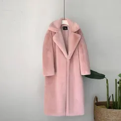 Women's Fur Long Plus Cotton Cashmere Coat - Pink - View 1