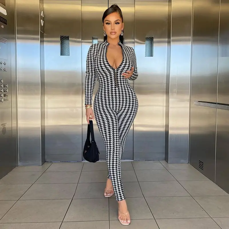 Houndstooth Print Zip Stand Collar Long Sleeve Skinny Hip Lift Jumpsuit