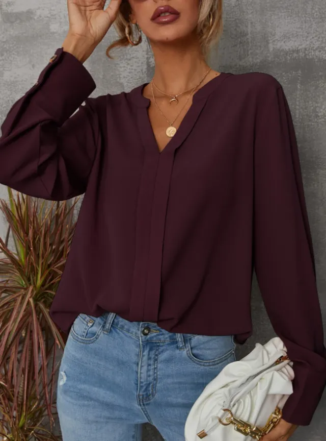 Solid Notched Buttoned Cuff Blouse,Long Sleeve Tops Red - Shop at LoveMi