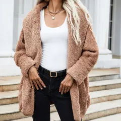 New Brown Plush Cardigan Long-sleeved Trendy Double-sided Plush Coat - Brown - View 1