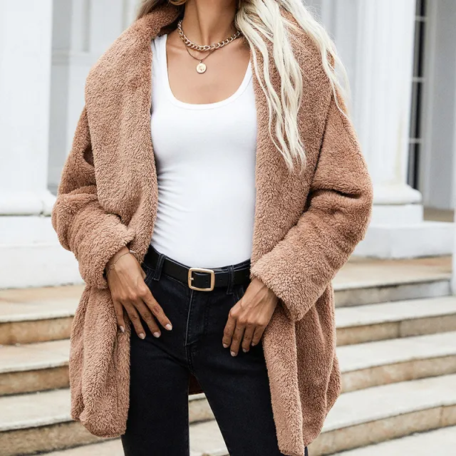 New Brown Plush Cardigan Long sleeved Trendy Double sided Plush Coat Brown - Shop at LoveMi