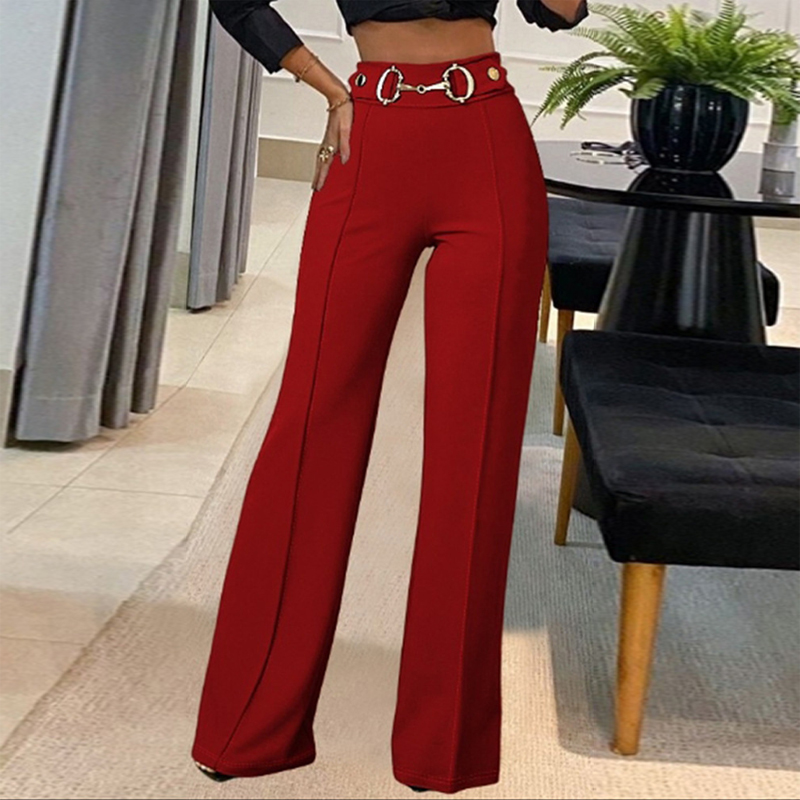 Women's High Waisted Straight Leg Pants, Solid Color Tailored Trousers With Decorative Waist For Office Wear Red - Shop at LoveMi