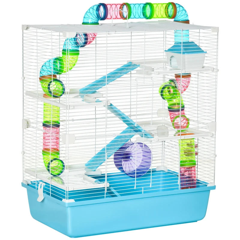 Hamster Cage With Tubes And Tunnels, Portable Carry Handles, Rat House And Habitats Big 5-Tier Design, Mouse Cage Includes Exercise Wheel, Water Bottle, Food Dish, Light Blue
