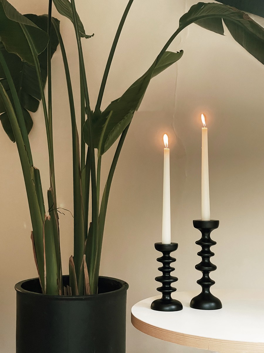 Title 2, Black Geometric Solid Wood Shaped Candlestick D...