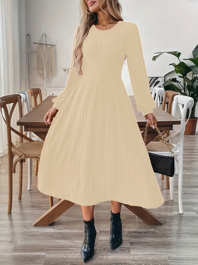 Elegant Maroon Ribbed Midi Dress For Women With Lantern Sleeves Apricot Beige - Shop at LoveMi