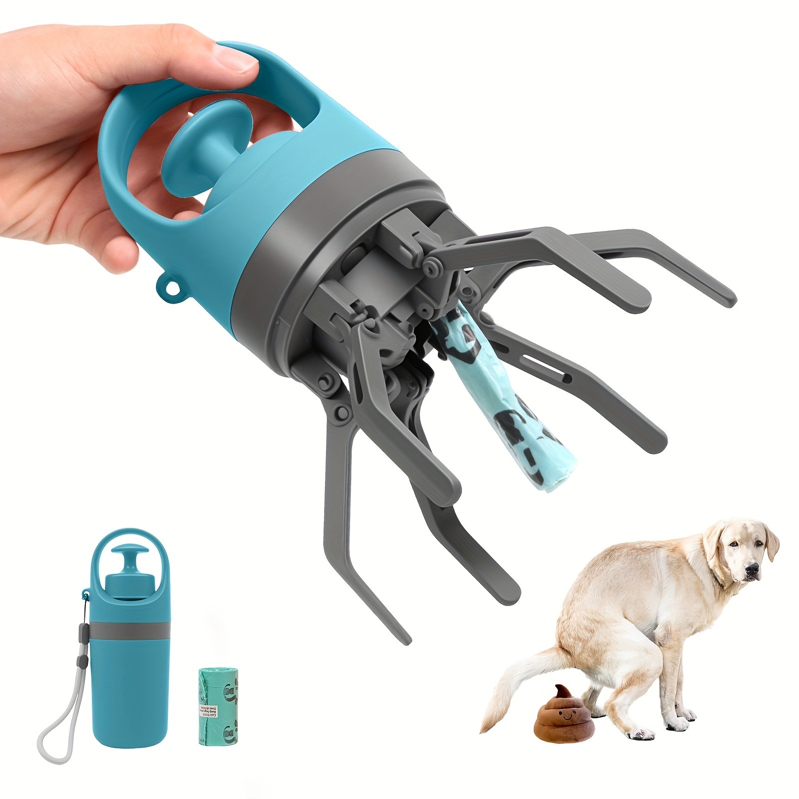 Portable 6-Claw Pet Poop Scooper With Built-in Bag Dispenser