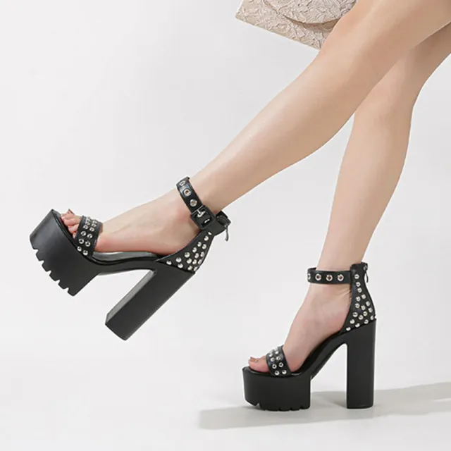Super High Heel Platform Rivet Women's Summer European And American Chunky Heel Large Size Sandals Black - Shop at LoveMi