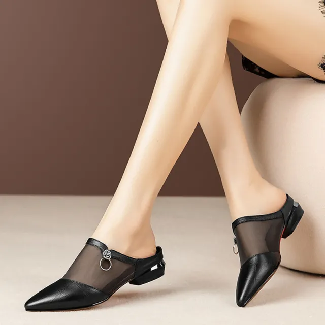 Fashion Mesh Hollow Toe Cap Block Heel Low Heel Sandals Black - Shop at LoveMi