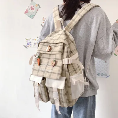 Large Capacity Korean Lovely Girl Backpack Student Schoolbag Japanese Canvas Preppy Style Plaid Travel Bag Women Khaki - Shop at LoveMi