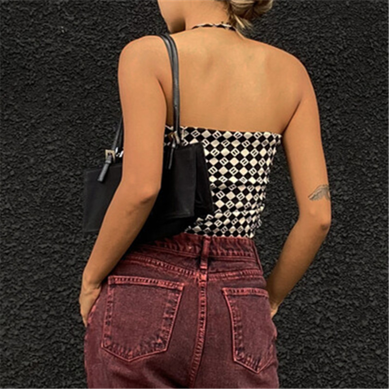 Title 6, Letter Plaid Print Drawstring Halter Neck Slim ...