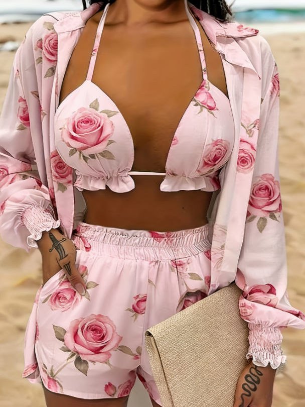 Women's Tropical Retro Floral Print Three-Piece Set
