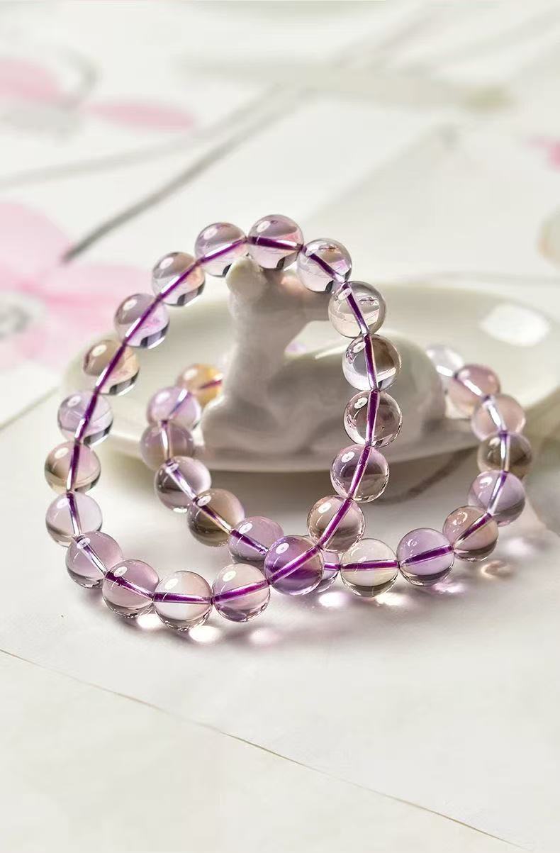 Natural Ametrine Bracelet Two Tone Round Beaded Chain Energy Jewelry For Women