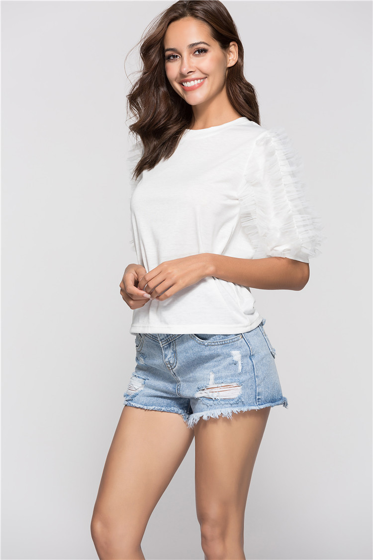 Mid-Sleeve Round Neck Stitching Fashion T-Shirt Pullover Solid Color Top