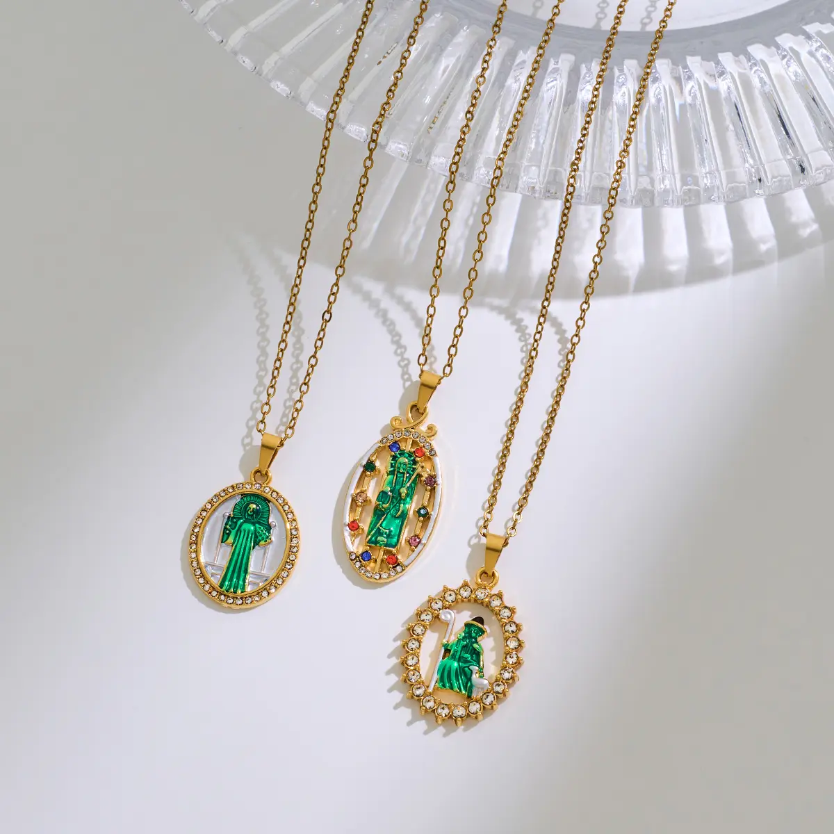 Stainless Steel Inlaid Rhinestone Epoxy Religious Series Pendant Necklace