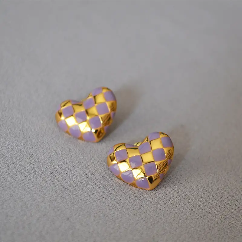 Gold-plated Brass Handmade Enamel Drip Glaze Checkerboard Stud Earrings
