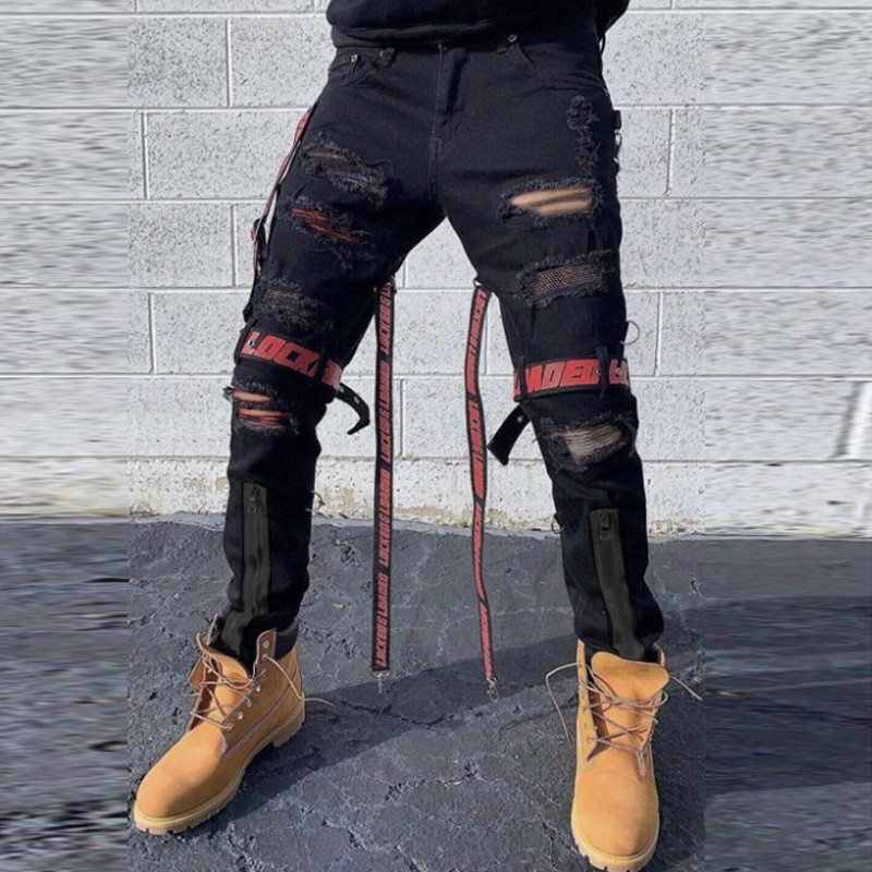 Personalized Ribbon Pierced Jeans Small Foot Zipper Decoration Slim Men's Fashion