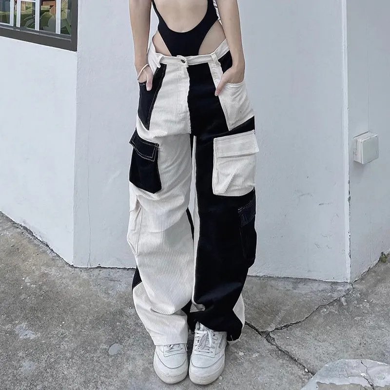 Street Shot Fashionable Colour Contrast Multi Pocket Cargo Pants - Black