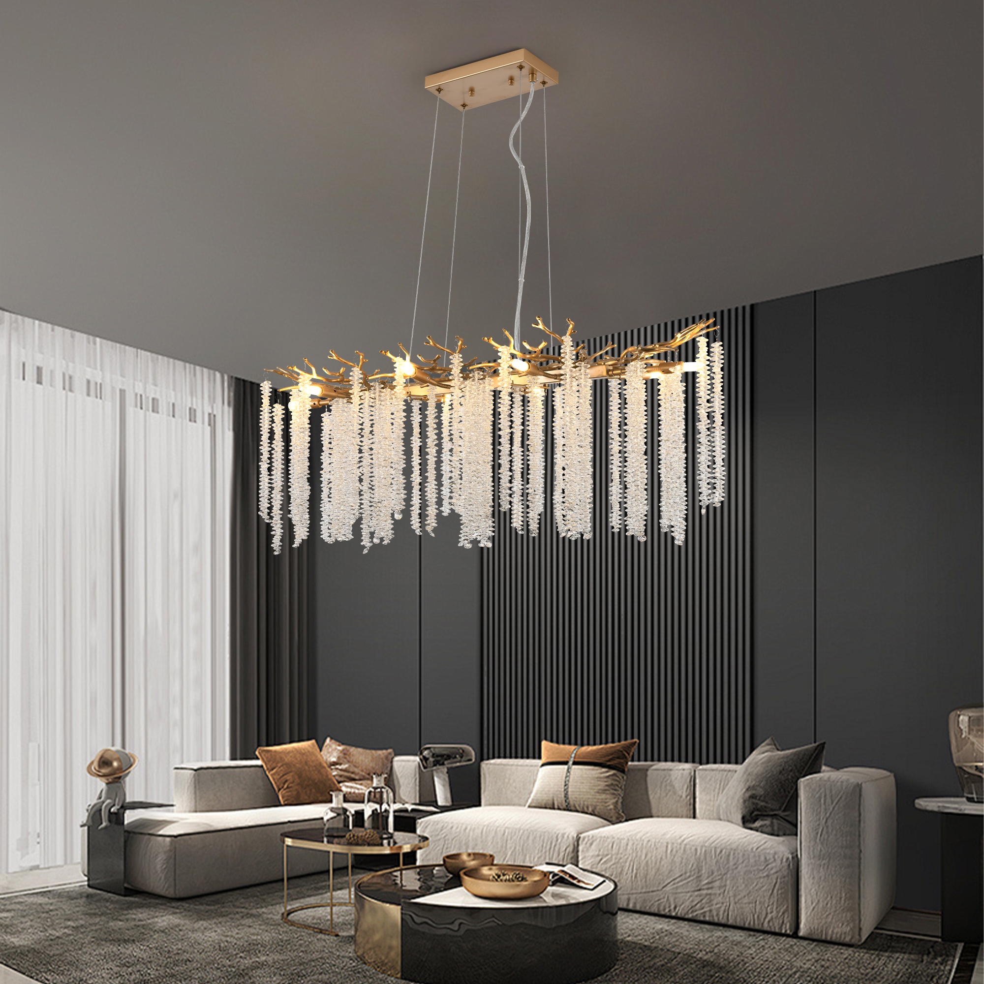 39-inch Modern Golden Pendant Light With Cascading Crystal Strands, Ideal For Living Room, Dining Room And Foyer, High-End Decorative Lighting Fixture Bulb Not Included