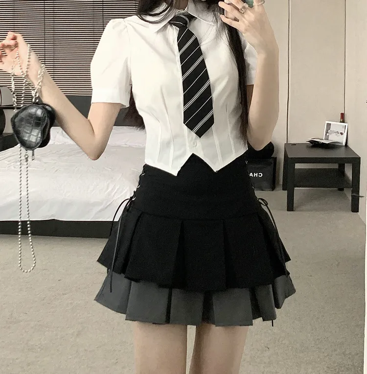 Summer New Double Layer Colour Matching Lace Up Skirt For Women - 834 Shirt With Tie