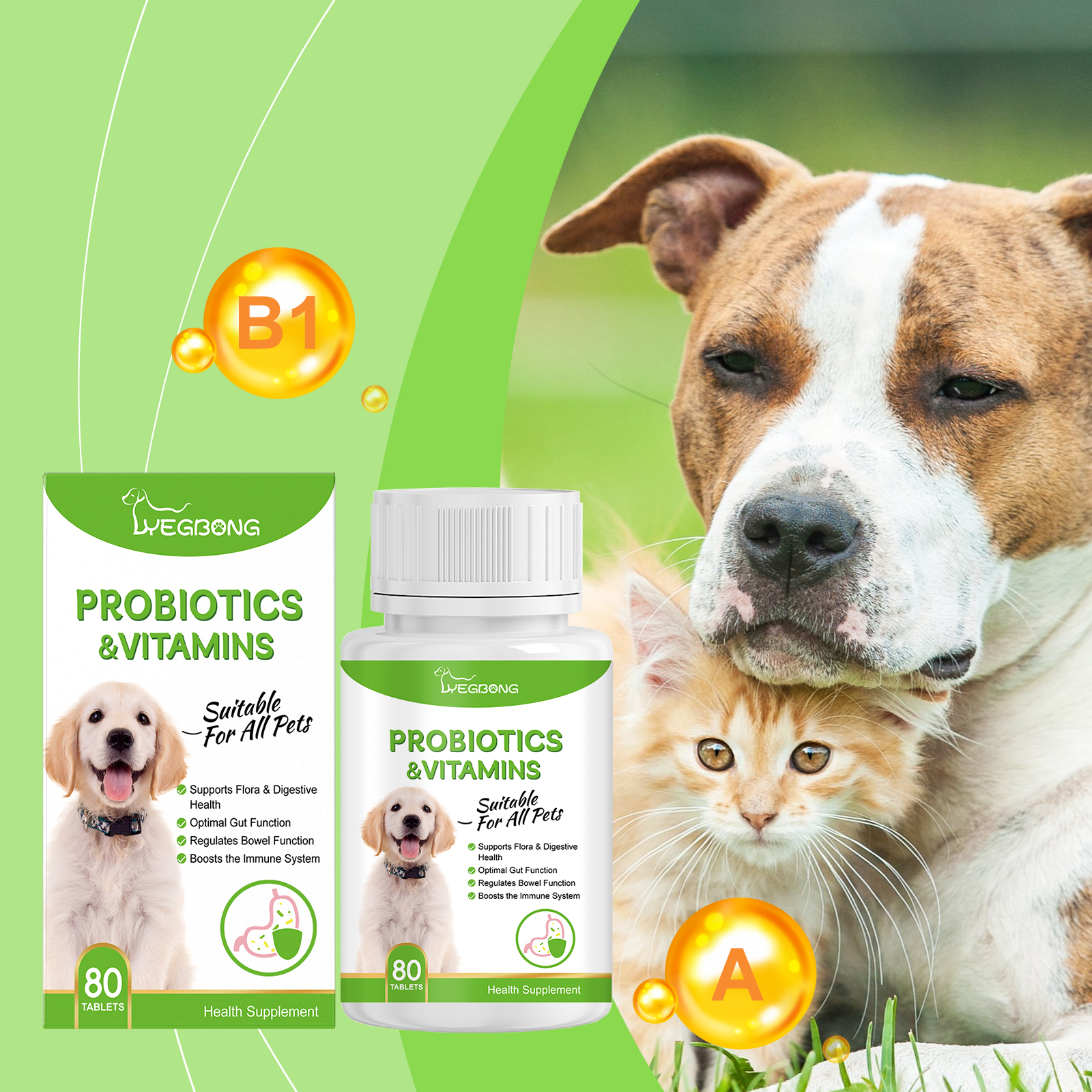 Pet Probiotics & Vitamin Tablets For Dogs & Cats, Gut Health Supplement, Support Digestion & Immune System, 80 Chewable Tablets — foto 4